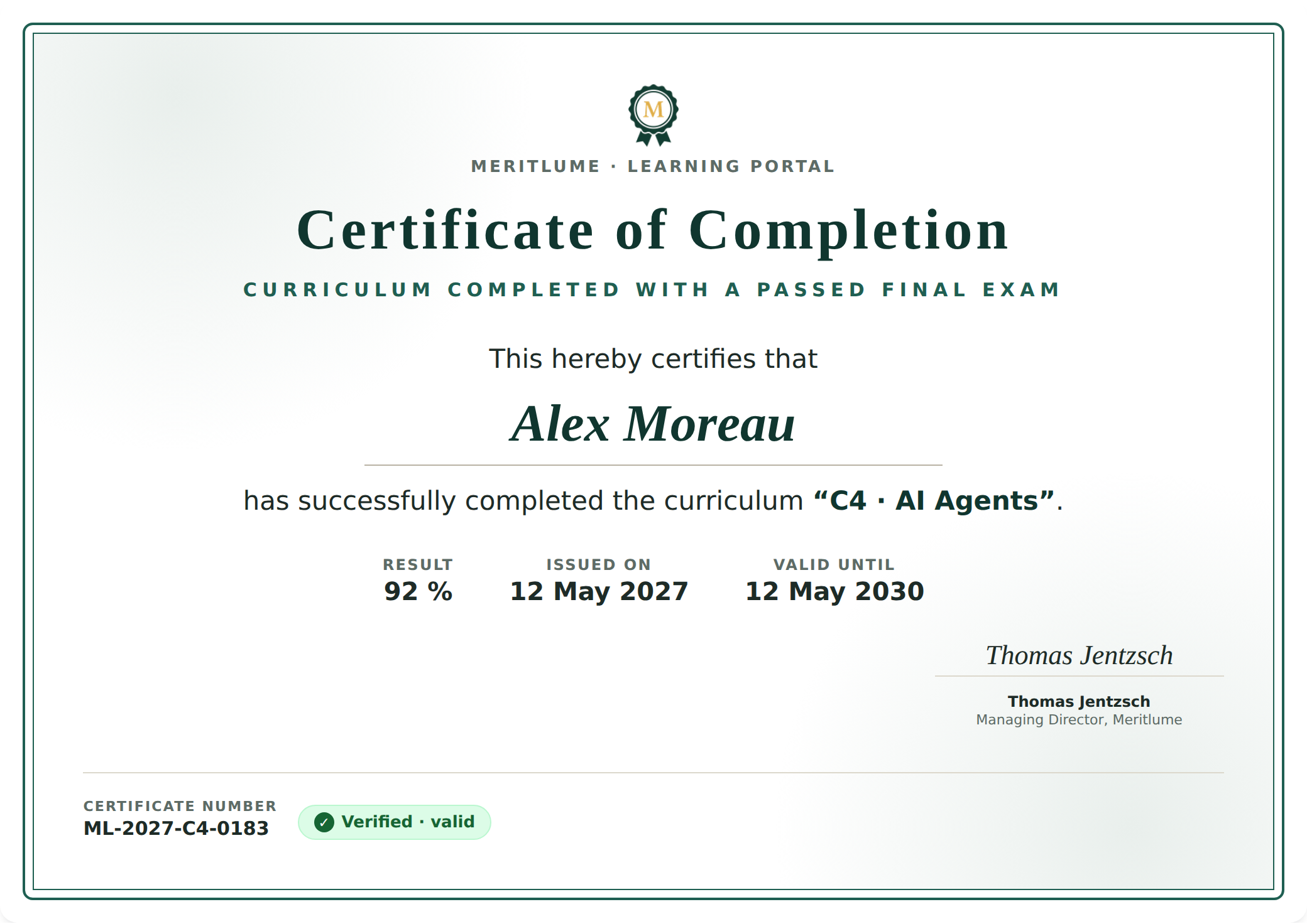 Example of a Meritlume certificate with certificate number and verification badge